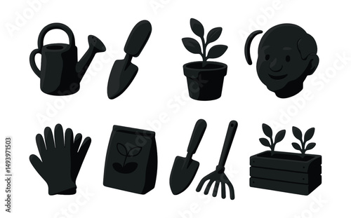 Gardening silhouette icons set. plant care and horticulture design elements
