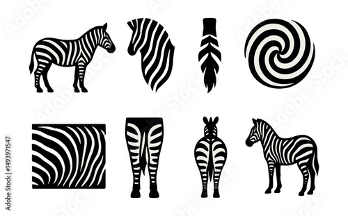 Zebra silhouette icons set. animal patterns and wildlife symbols for design