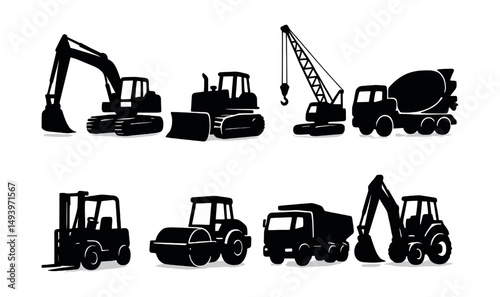 Construction machinery silhouette icons set. heavy equipment and industrial vehicles