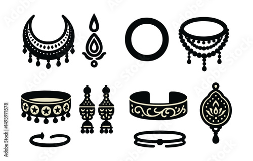 Ethnic jewellery silhouette icons set. traditional and cultural accessory symbols