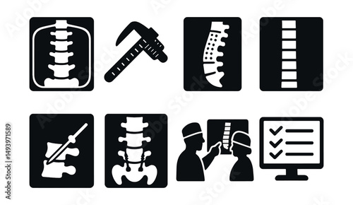 Spinal health silhouette icons set. back care and medical treatment symbols