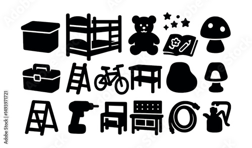 Home and leisure silhouette icons set. household, lifestyle, and hobby symbols