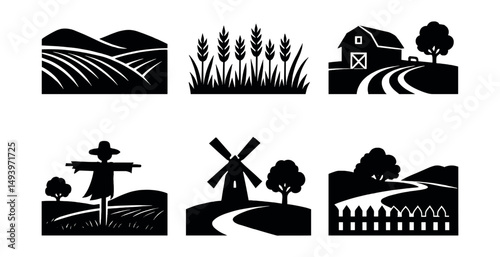 Farm and agriculture silhouette icons set. rural landscape and countryside symbols