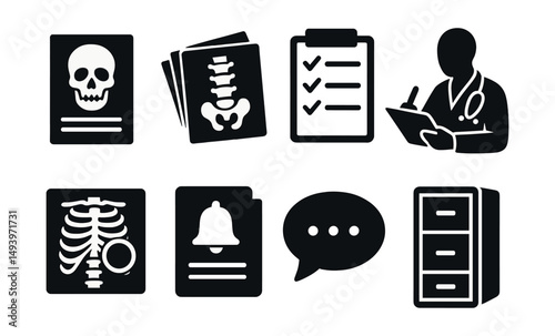Medical records silhouette icons set. healthcare, documentation, information symbols