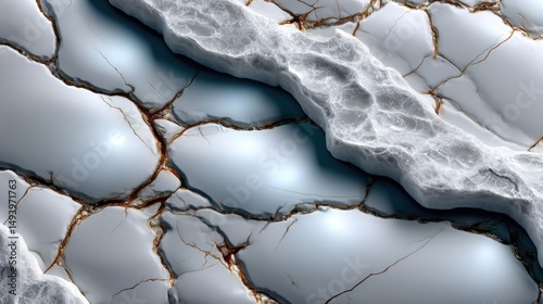 Abstract close-up of cracked marble surface with veins and fissures in white, gray, and gold tones