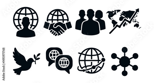 Global business silhouette icons set. international commerce and trade symbols