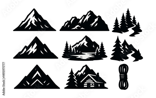 Outdoor adventure silhouette icons set. hiking and camping symbol collection
