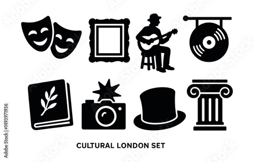 Cultural london silhouette icons set. art and history themed symbols