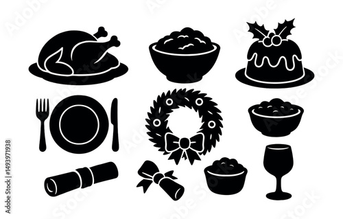 Holiday and festive silhouette icons set. celebration and seasonal symbols