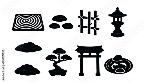 Japanese culture silhouette icons set. traditional and zen elements for design