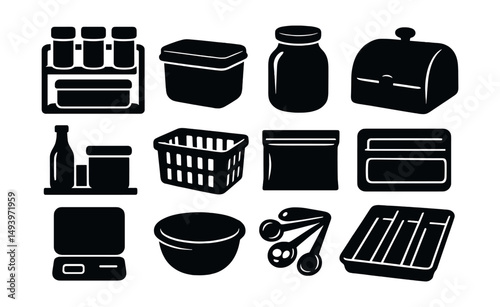 Kitchen storage silhouette icons set. pantry organization and container designs