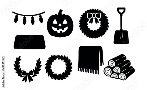 Holiday and seasonal silhouette icons set. festive decoration and celebration symbols