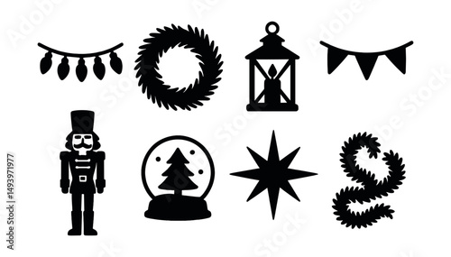 Christmas and holiday silhouette icons set. festive and seasonal design elements