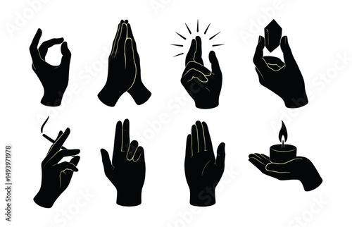 Hand gesture silhouette icons set. communication and body language symbols