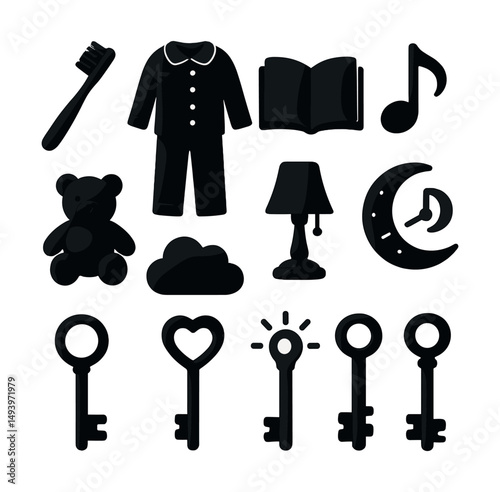 Bedtime silhouette icons set. sleep, night, and relaxation symbols