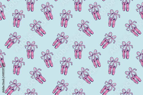 Seamless pattern with pointe shoes with bow on blue background for fashion girl textile. Ballet ornament. Classic elegant dance print. Vector Illustration