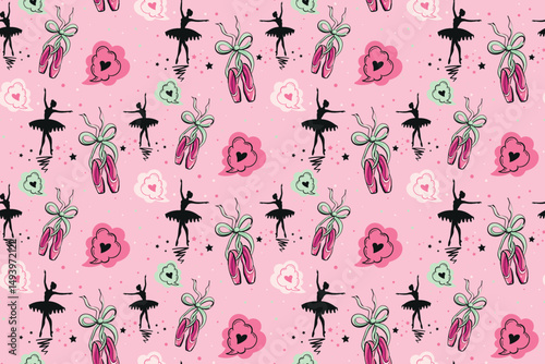 Seamless pattern pointe shoes with bow ballerina silhouette. Female pink ballet Vector Illustration for girl textile, fashion clothes, wrapping paper.