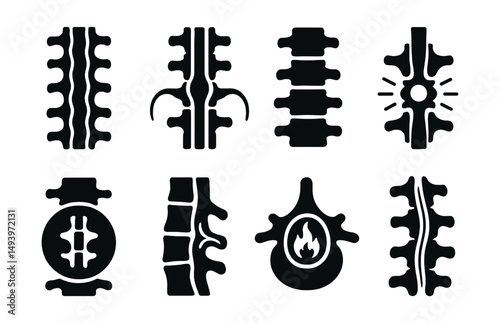 Spinal anatomy silhouette icons set. backbone and vertebrae medical symbols
