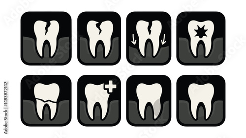 Dental care silhouette icons set. tooth health and dental treatment symbols