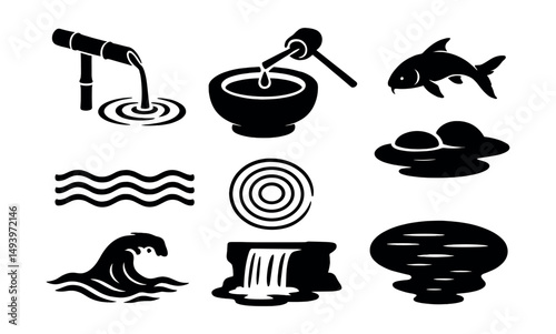 Zen and nature silhouette icons set. serenity and tranquility symbols