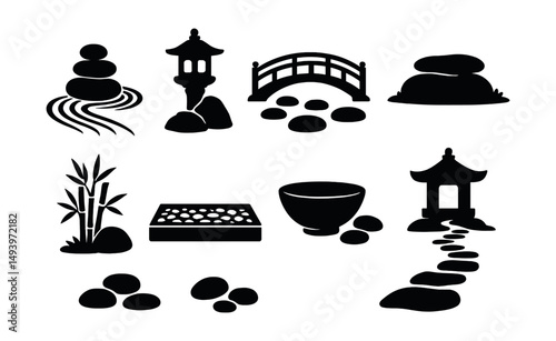 Zen garden silhouette icons set. meditation and tranquility symbols