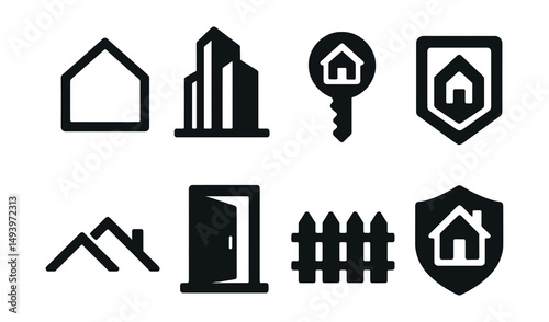 Real estate silhouette icons set. property and home management symbols