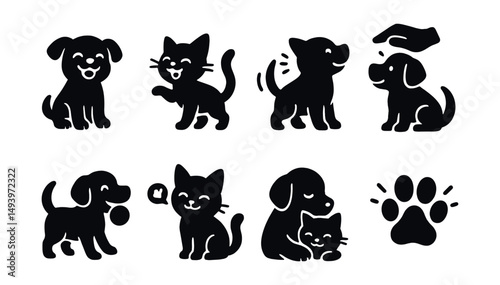 Pet care silhouette icons set. dog and cat symbols for animal love and grooming.