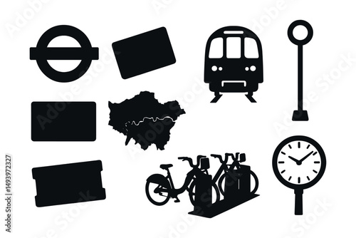 Public transport silhouette icons set. transit and commute symbols for urban travel