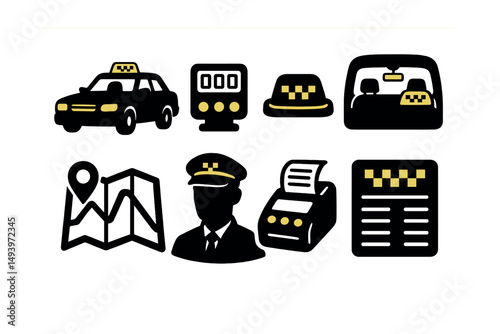 Taxi service silhouette icons set. cab and transportation symbols for apps