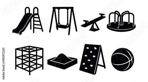 Playground silhouette icons set. recreation and children play equipment symbols