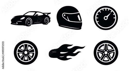 Racing and motorsport silhouette icons set. speed and automotive symbols collection