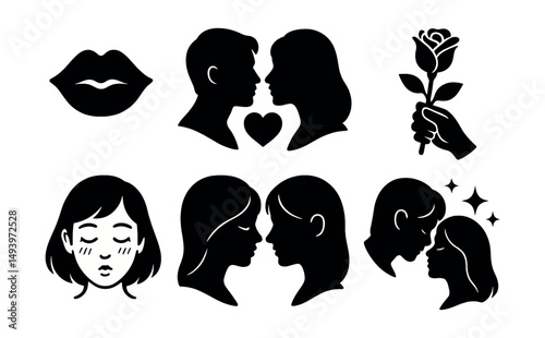 Romantic relationships silhouette icons set. love and couple symbols in simple design