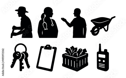 Community and professions silhouette icons set. occupation and work symbols