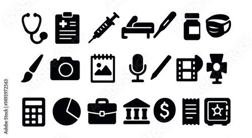 Medical and business silhouette icons set. healthcare and finance symbols collection