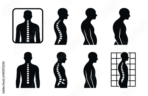 Posture and spine silhouette icons set. back health and alignment symbols