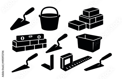 Construction tools silhouette icons set. building and masonry tool symbols