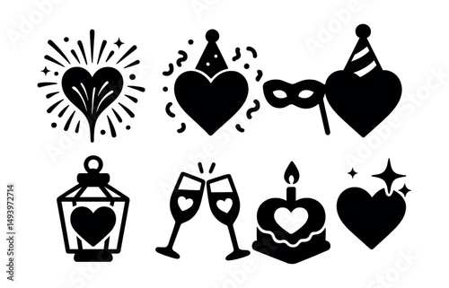 Celebration and party silhouette icons set. festive and event symbols