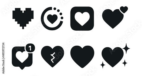Love and romance silhouette icons set. heart and affection symbols