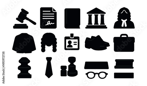 Law and justice silhouette icons set. court, legal, and attorney symbols