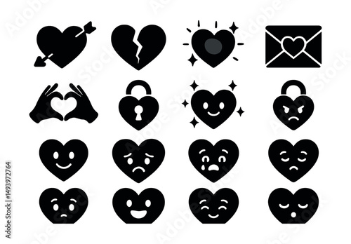 Heart emotions silhouette icons set. love and romance symbol collection