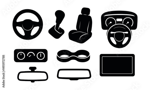 Car interior silhouette icons set. automotive dashboard and control symbols