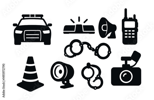 Police and security icons set. silhouette style for law enforcement and safety