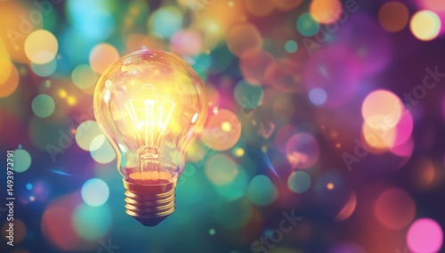 Glowing lightbulb against a vibrant, colorful bokeh background, symbolizing inspiration and new ideas