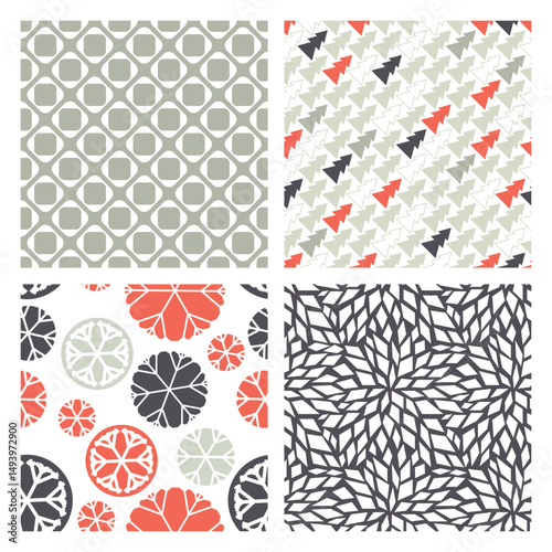 Vector seamless pattern set. Stylish creative swatches. Modern surface design.  Tileable geometric set. Repeatable Christmas collection. Creative snowflakes, trees, and the Star of Bethlehem.