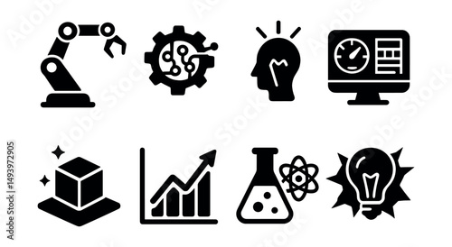 Technology and innovation silhouette icons set. gadgets and engineering symbols