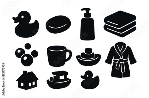 Bath time and relaxation silhouette icons set. spa and wellness symbols