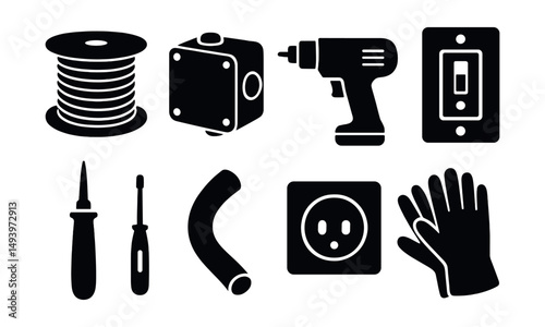 Electrical tools silhouette icons set. wiring and diy equipment symbols