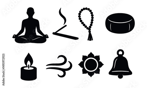 Meditation and relaxation silhouette icons set. mindfulness and serenity symbols