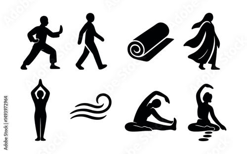 Health and wellness silhouette icons set. exercise and meditation symbols