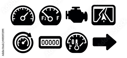 Automotive dashboard silhouette icons set. car instrument and gauge symbols